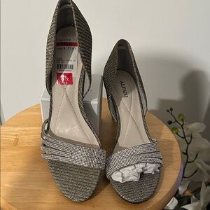 Alfani Women's Silver Glitter Open-Toe Heels with Rhinestone Straps